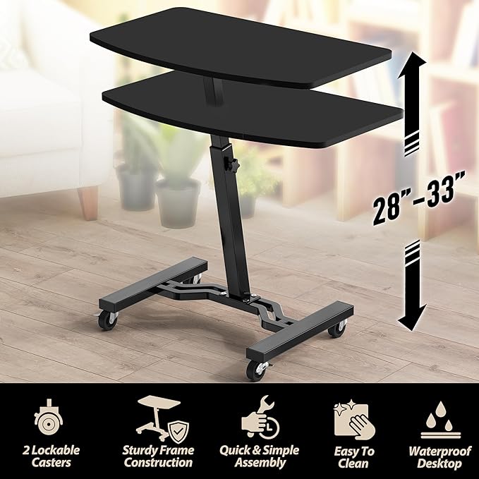 SHW Mobile Height Adjustable Laptop Rolling Cart with Height Adjustment from 28" to 33", Black