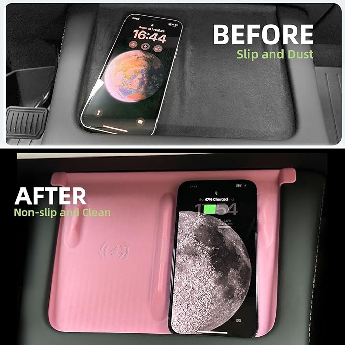 WinDu Center Console Wireless Charging Mat for Tesla Model 3 Model Y, Non-Slip Waterproof Silicone Mat Charging Protective Pad for Tesla Accessories Model 3 (2021-2023) and Model Y (2021-2024), Pink