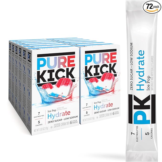 Pure Kick Hydration Singles To Go Drink Mix, Ice Pop, Includes 12 Boxes with 6 Packets in each Box, 72 Total Packets