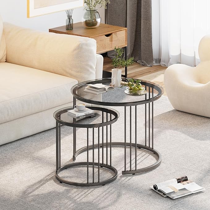 Garden 4 you Nesting Coffee Table, 23.6" Round Coffee Table Set of 2, Glass Nesting Table with Metal Frame, Ceter Tables for Living Room Bedroom Balcony, Grey