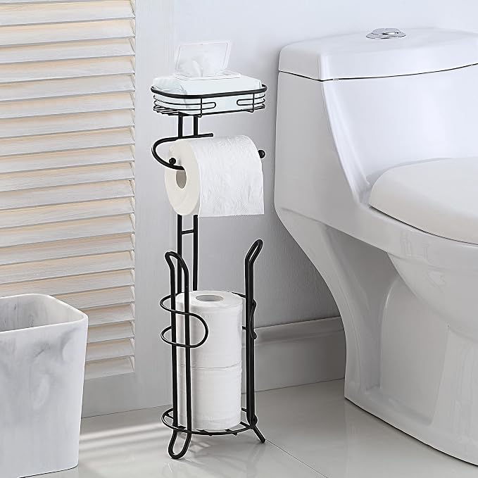 SunnyPoint Bathroom Heavyweight Toilet Tissue Paper Roll Storage Holder Stand with Reserve and Shelve, The Reserve Area Has Enough Space to Store Mega Rolls. (Black)