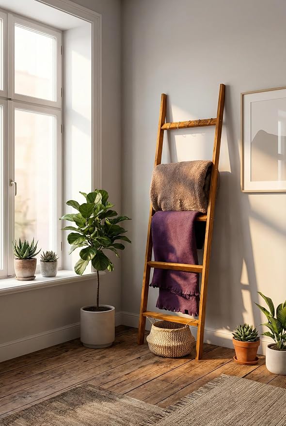 2 Pack Wooden Ladder Set, 1 pcs Blanket Ladder and 1 pcs Towel Ladder - Beech Wood 59'' inc 5 Tier and 5 Extra Hooks Blanket Ladder, Living Room and Bathroom Home Decor, Wall Decorative Shelves