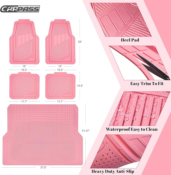 CAR PASS Heavy Duty Rubber Floor Mats Pink Car Mats Full Set with Trunk Cargo Liner - Universal Waterproof Floor Mats for Car SUV Truck, Durable All Weather Liner Mats Automotive Women (All Pink)
