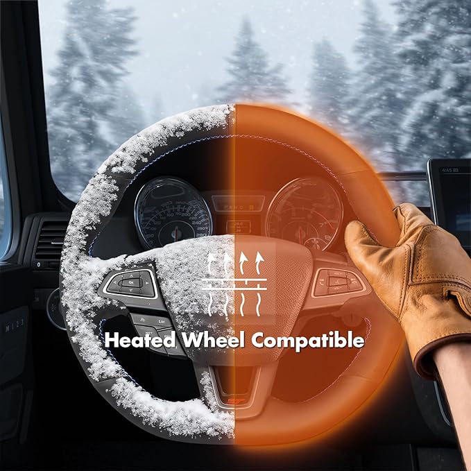 MEWANT Hand Stitch Steering Wheel Cover for Ford Focus MK3 ST 2015-2018 / Focus RS 2016-2018 Black Genuine Leather Suede Custom Fit Wrap DIY Interior Upgrade