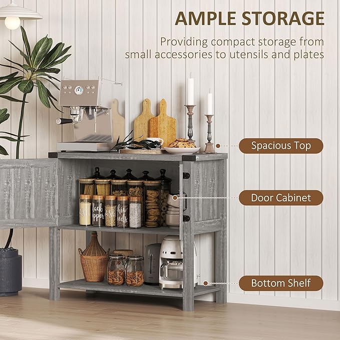 HOMCOM Farmhouse Double Door Coffee Bar Cabinet, Console Table, Sideboard Buffet Cabinet with Bottom Shelf for Entryway, Living Room, Stone Gray