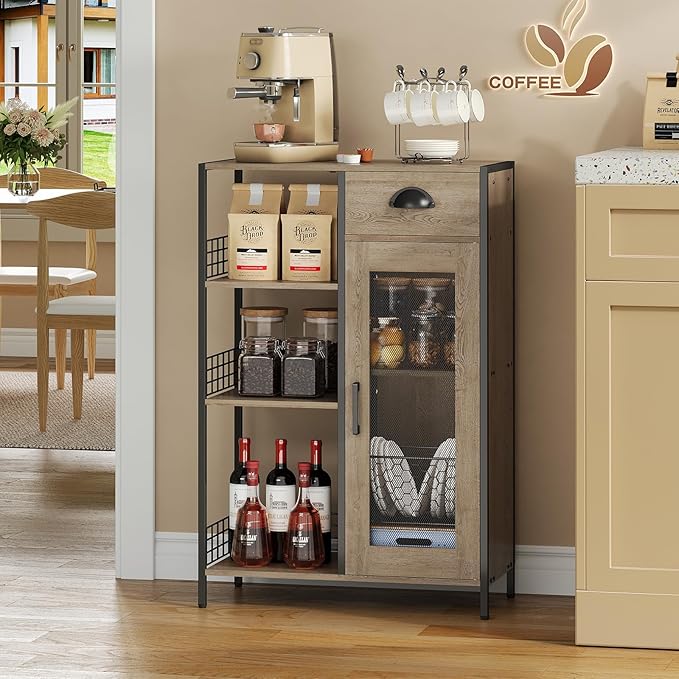 X-cosrack 3 Tier Coffee Bar Table with Storage Drawer, 35.8" H Adjustable Shelf Farmhouse Coffee Stand Station Table for Corner, Kitchen, Dining, Liquor Cabinet Rustic Wood Coffee Table-Grey