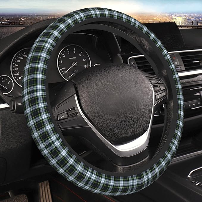 Thickened Elastic Steering Wheel Cover, Plaid Tartan Clan Gordon Scottish Green White Ultra, Soft, Breathable, Fit for Cars, SUVs, Trucks, Stylish Comfortable Grip