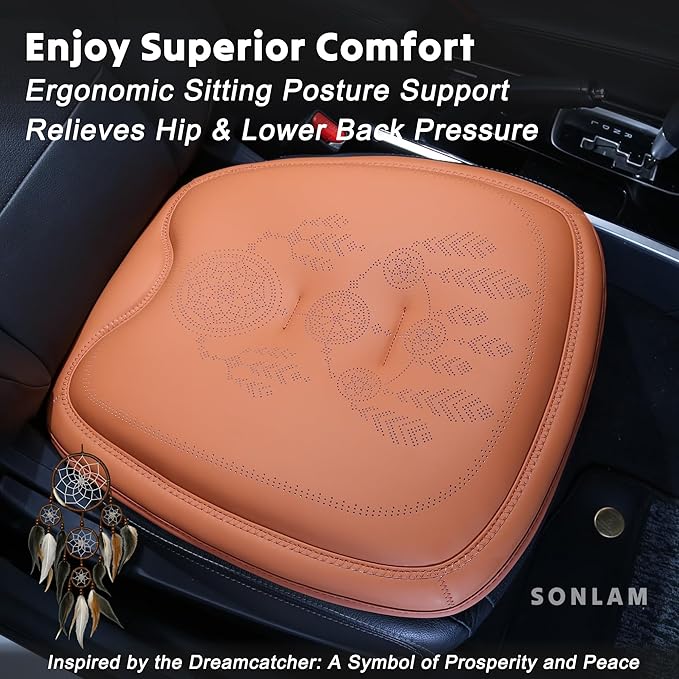 Comfort Dreamcatcher Car Seat Cushion Non-Slip - Relaxing, Optimal Support & Posture for Long Drive (Front Seats (Cognac Brown))