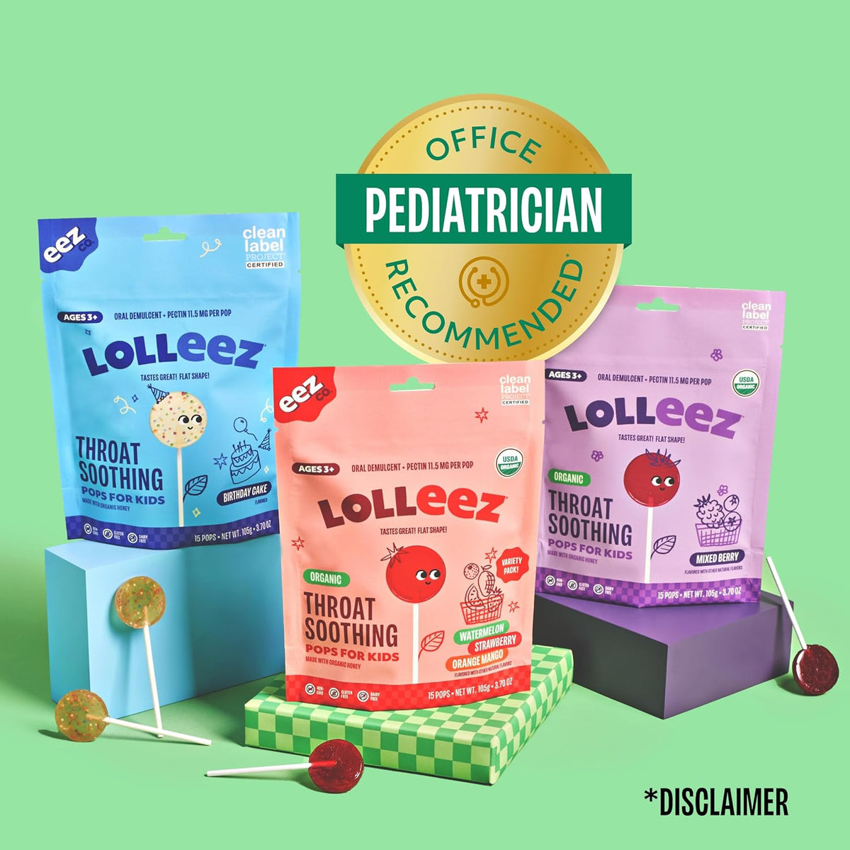 Lolleez by EEZ Co. Organic Throat Soothing Pops for Kids, Variety Pack, 28ct