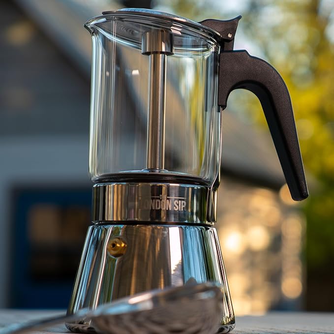 The London Sip Glass and Stainless Steel Stovetop Espresso Maker Moka Pot Italian Coffee Percolator, Glass, Medium (10.14 oz)