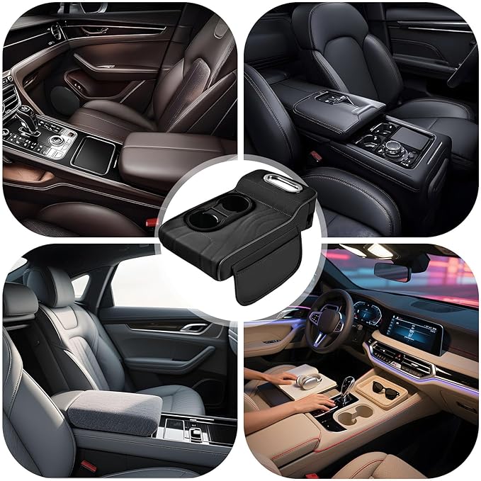 LAFANDE Car Armrest Cushion | Heightening Pad Arm Rest for Car, Center Console Cover with Storage Bags Cup Holder, Tissue Box Slot, Easy to Install and Clean