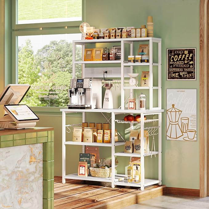 SUPERJARE Large Bakers Rack with Power Outlets, 6-Tier Microwave Stand, Coffee Bar with 12 S-Shaped Hooks, Kitchen Shelf with Wire Basket, 39.4 x 14.6X 66.9 Inches, White