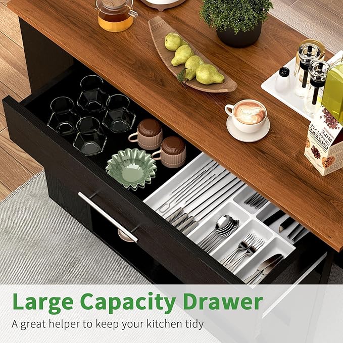 4 EVER WINNER Kitchen Island with Storage, Rolling Kitchen Island with Spice Rack & Towel Rack & Open Shelves, Island Table for Kitchen with Storage Cabinet and Drawer, Black