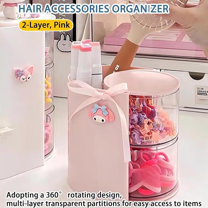 Azurphoric Hair Accessories Organizer with Hair Brush Holder, Rotatable Makeup Brush Holder for Necklaces, Earring, Bracelet, Ring, Makeup Brushes, Hair Clip and Hair Accessories (Pink, 2-Layer)