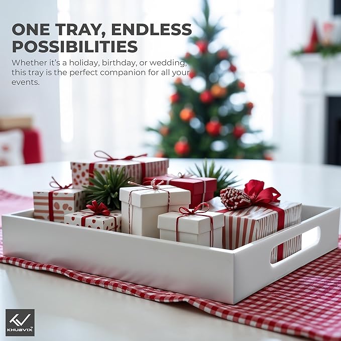 White Tray 20×12" with Cut Handles - Spill Proof Decorative Tray is an Ideal Countertop Organizer for Living Rooms, Ottoman Coffee Tables, Offices, Kitchens & Serving Guests