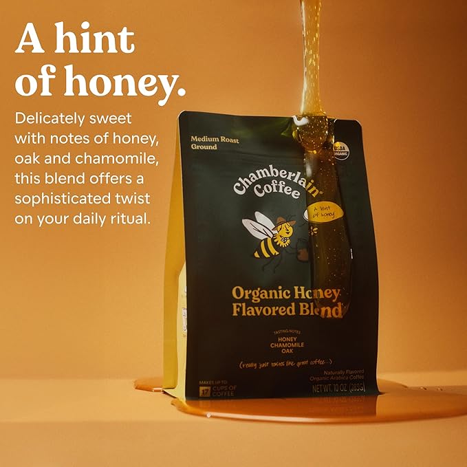 Chamberlain Coffee Organic Ground Honey Blend – Medium Roast Coffee Beans with Honey, Chamomile & Oak Notes – Smooth, Naturally Sweet, Balanced Flavor for Every Brew