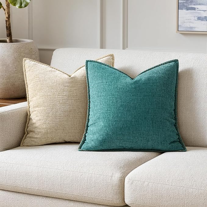 MIULEE Pack of 2 Couch Throw Pillow Covers 20x20 Inch Teal Farmhouse Decorative Pillow Covers with Stitched Edge Soft Chenille Solid Dyed Summer Pillow Covers for Sofa Bed Living Room