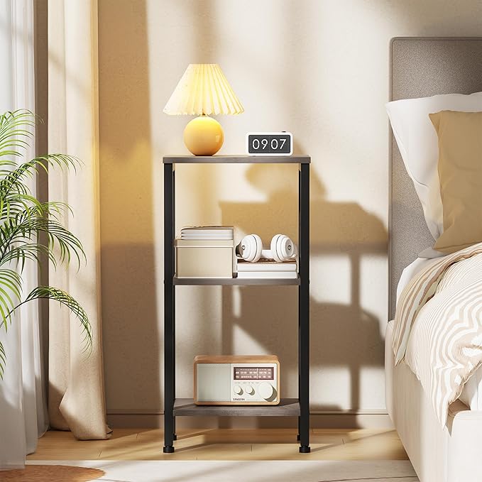 Small Grey Side Table, Tall End Table with Adjustable Shelf for Living Room, Grey Nightstand, Accent Table Stand for Home Decor, Office, Greige