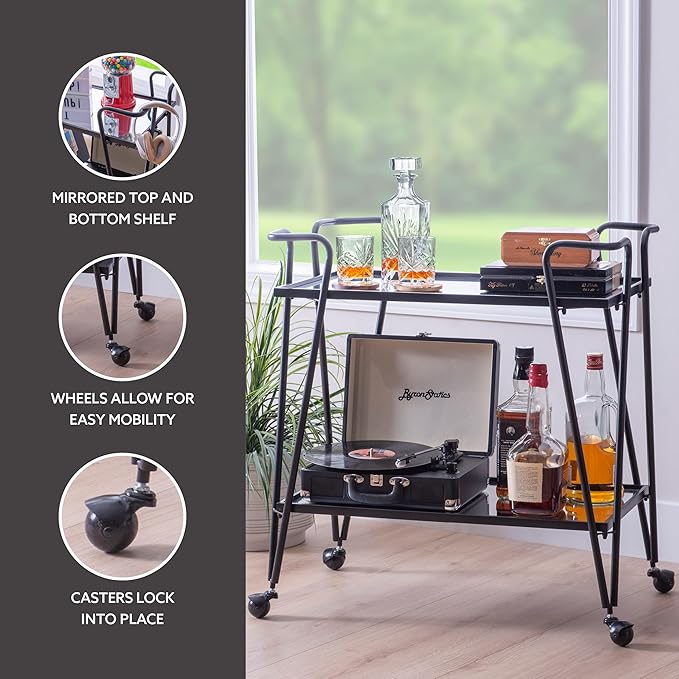 Gina Black Mid Century Bar Cart with Mirrored Shelves by Linon