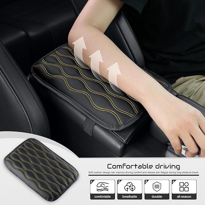 Amiss Auto Center Console Pad, Universal Waterproof Armrest Seat Box Cover, Car Interior Accessories, Leather Auto Armrest Cover Protector for Most Vehicle, SUV, Truck (Yellow-Line)