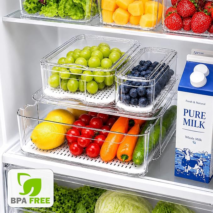 SMRCAD Fridge Organizers and Storage, 8 Pack Clear Freezer Organizer Bins with Lids for Kitchen, Pantry, Refrigerator, Food, Fruit, Vegetable Storage (8 Bins (Include Pull-out Drawer))