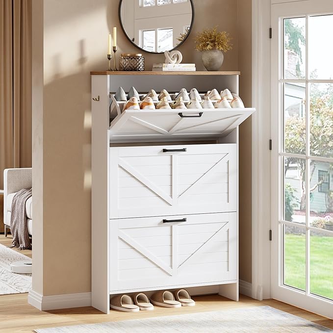 Shoe Storage Cabinet for Entryway, Nicetree Freestanding Shaker Barn Door Ultra Slim Shoe Cabinet With 3 Flip Drawers, Farmhouse Shoe Rack With 3-Tier Adjustable Shelves For Hallway Foyer Rustic-White