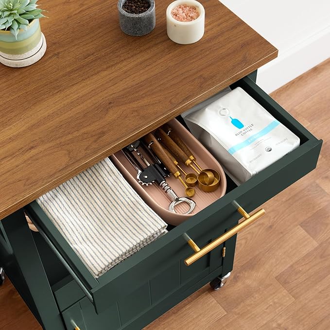 Best Choice Products Rolling Kitchen Island Cart, Single Door Cabinet W/Drawer, Sliding Tray, Outlet, Swivel Lockable Wheels, Hooks, Coffee Cart, Microwave Stand, for Dining Room - Forest Green
