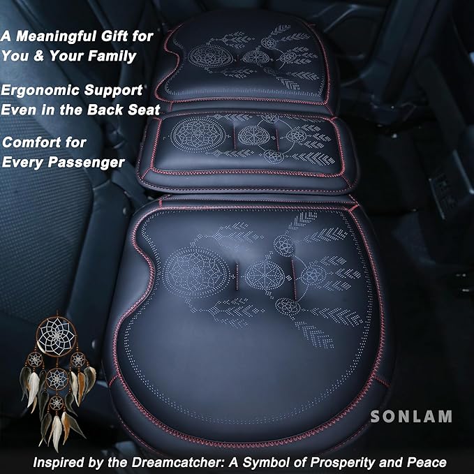 Car Seat Cushion – Dreamcatcher Inspired Design, Symbol of Prosperity & Luck – Premium Ergonomic Support for Hip & Lower Back Pain Relief (Full Set (Black with Red)
