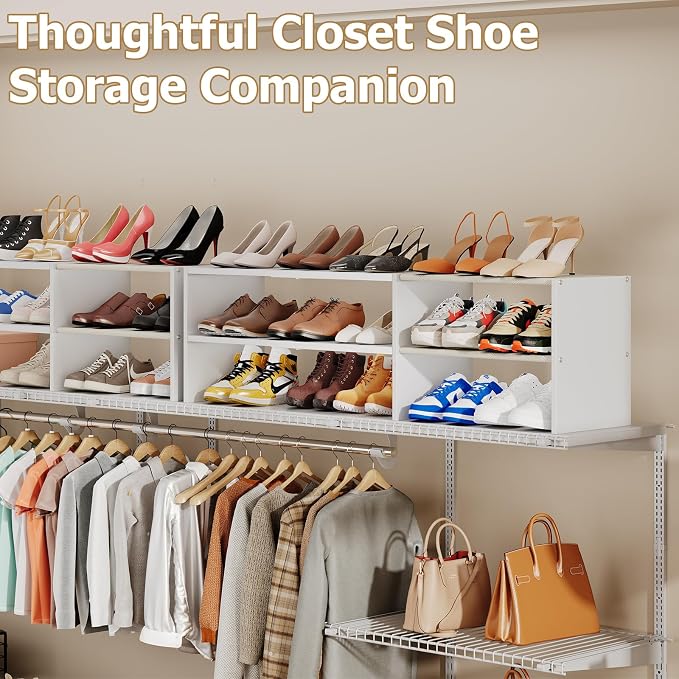 X-cosrack Long White 11.02″Shoe Rack for Closets, Stackable and Expandable Shoe Organizer, Suitable for Entryways, Garages, Storage Shelves Made of MDF, Oxford Cloth and Iron