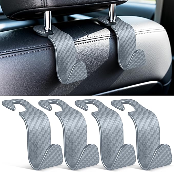 SINGARO Universal 4 Pack Car Seat Headrest Purse Hook, Carbon Fiber Back Seat Hook Storage Organizer Hanger for Purse Handbag Coat, Car Interior Accessories(Gray)