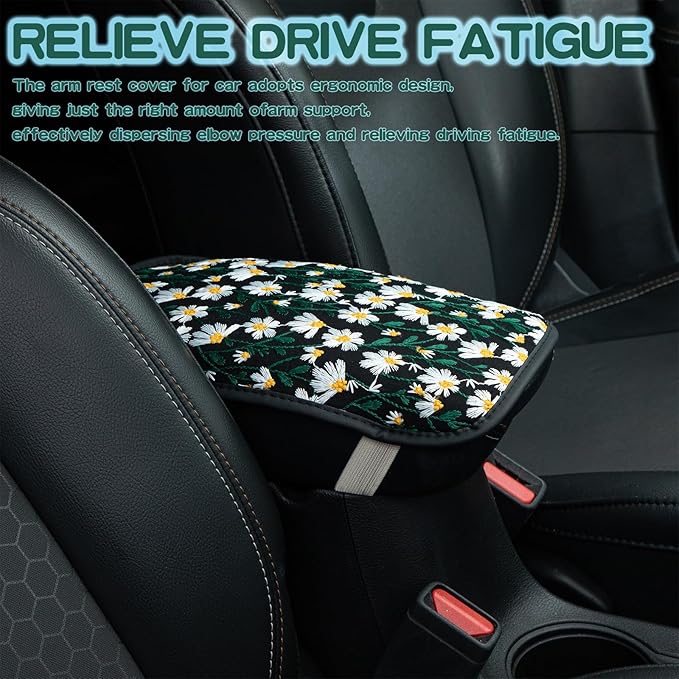 Embroidered Flowers Black Cute Daisy Car Armrest Storage Box Mat,Embroidered Car Center Console Cover, Car Armrest Seat Box Cover Accessories Interior Protection for Most Vehicle, SUV, Truck, Car