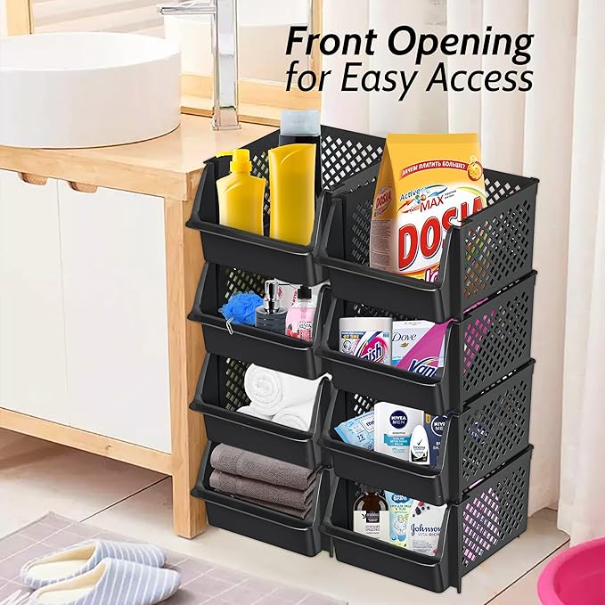 Skywin Stackable Storage Bins Open Front for Pantry Storage, 4 Pack - Black | Sturdy Plastic, Easy Stacking, Open Front Access, Ventilated Sides, Vertical & Space Saving Pantry Organizers and Storage Bin