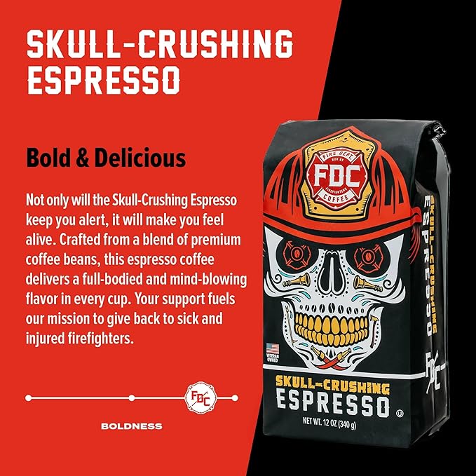 Fire Department Coffee - Gives Back to Firefighters - Skull Crushing Espresso Coffee Beans - Full-Bodied & Bold - Roasted in the USA - Premium Espresso Beans - Veteran Owned (12 oz, Pack of 2)