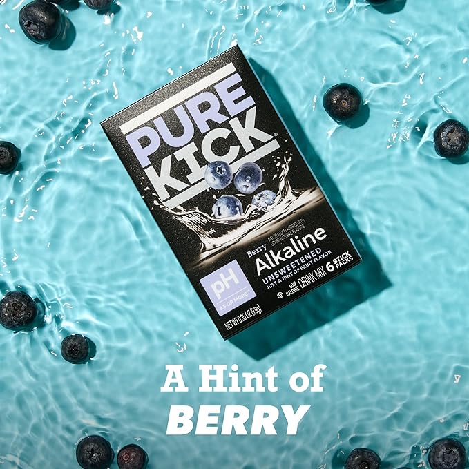Pure Kick Alkaline pH 8.5 or Higher Berry Powdered Drink Mix Packets, Unsweetened with a Hint of Flavor -, 72 Total Packets (12 Boxes, 6 Each), Singles to Go!