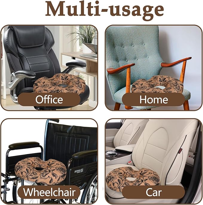 Floral Donut Pillow for Hemorrhoids Seat Cushion for Tailbone Pain Relief - Flower Home Office Chair Cushion for Long Sitting Work - Memory Foam Car Seat Cushions for Driving Butt Pain Pressure Relief