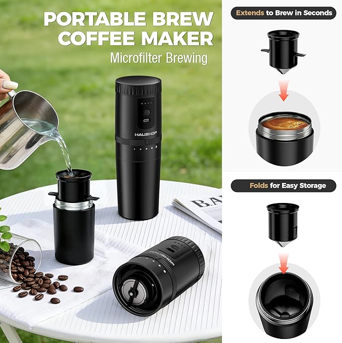 HAUSHOF Portable Coffee Maker, Camping Coffee Makers Travel Mini Coffee Maker, Portable Travel Coffee Maker with Grinder, Personal Cordless Travel Coffee Maker for Car, Camping, and Home