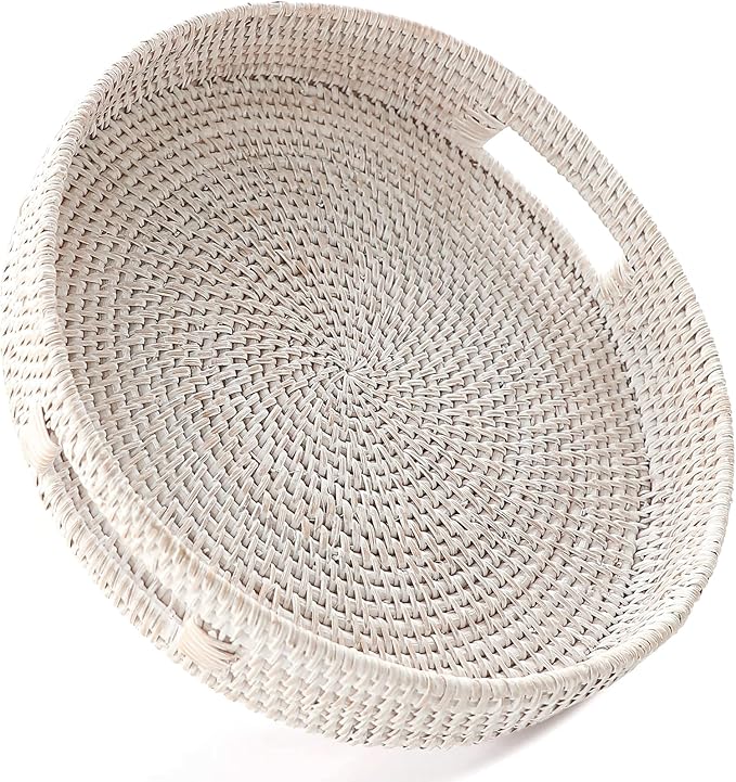 HITOMEN 11.8" Hand-Woven Round Rattan Serving Tray Decorative Wicker Trays with Handles for Coffee Table (Whitewash-M)