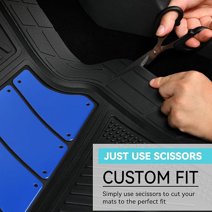 CAR PASS Heavy Duty Rubber Floor Mats 4-Piece Car Mat Set - Universal Waterproof Trim to Fit Floor Mats for Car Sedan SUV Coupe Auto, odorless Durable All-Weather Automotive Mats (Black & Royal Blue)