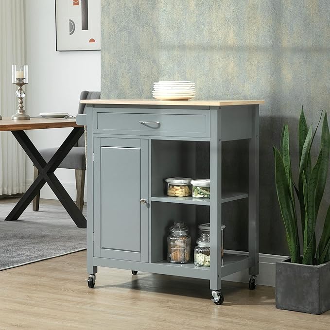 HOMCOM Kitchen Island Cart, Rolling Kitchen Island with Storage Shelf, Solid Wood Top, Drawer, for Dining Room, Gray