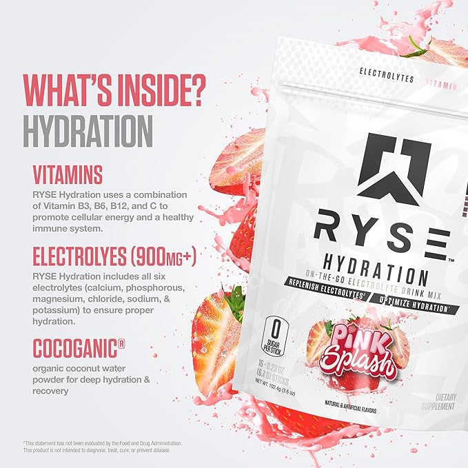 RYSE Hydration Electrolyte Powder Drink Mix Packets - Pink Splash - Sugar-Free Full Spectrum Electrolytes with Essential Vitamins, Taurine and Choline for Rehydration - 16 Serving Sticks