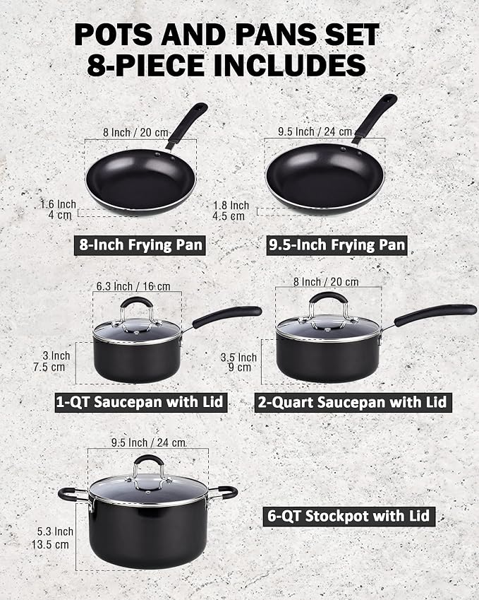 Cook N Home 8-Piece Nonstick Pot and Pan Set with Lid Induction Compatible | Cookware Set Includes Saucepan with Lid, Stockpot with Lid, Frying Pan, Kitchenware set Non Stick, Black