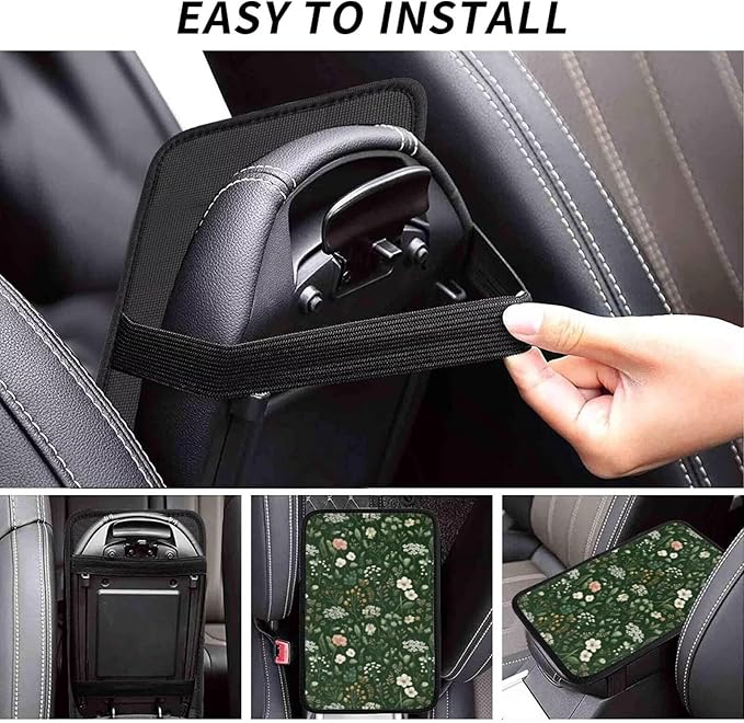 Green Floral Print Car Armrest Cushion Cute Flower Leaf Middle Console Lid Cover Pad Protector Scratch Resistant Arm Rest Seat Box Covers
