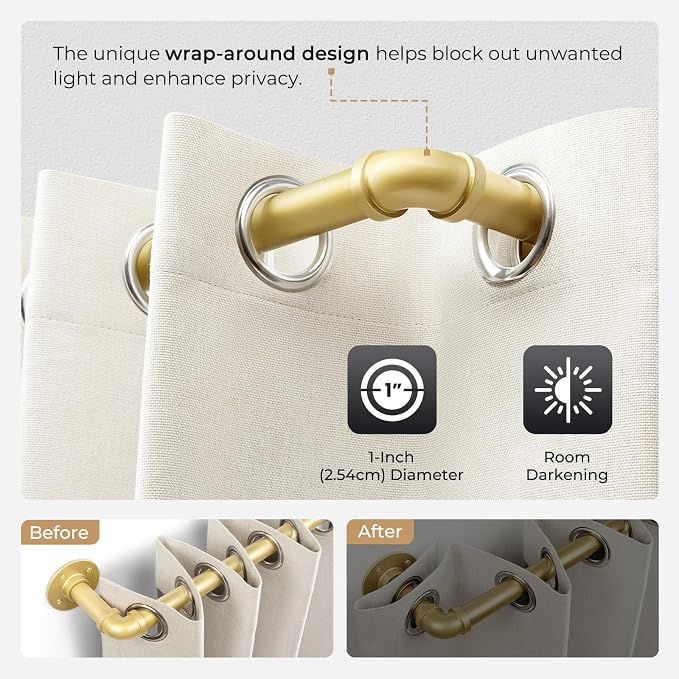 Zeerobee Curtain Rods for Windows 32 to 48, 1 Inch Industrial Wrap Around Gold Curtain Rod, Indoor/Outdoor Room Divider Adjustable Drapery Pole, 32"-48"