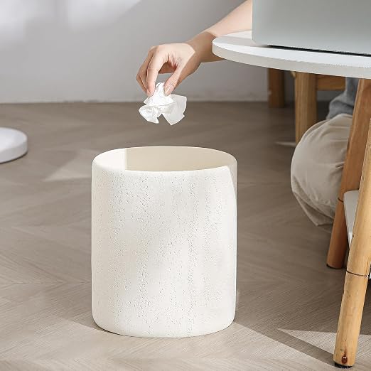 Trash Can, 1.6 Gallon Small Bathroom Trash Can, Simple Oval Stone Look Garbage Bin, Decorative Waste Basket for Kitchen Office, Home Decor, Bedroom, Living Room Ivory White