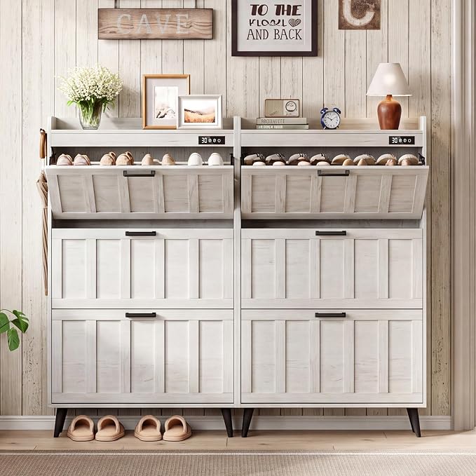 ChooChoo Shoe Storage Cabinet with 3 Flip Drawers, Deodorizing Shoe Organizer Storage for Entryway, Freestanding Hidden Slim Narrow Shoe Rack Cabinet, Antique White