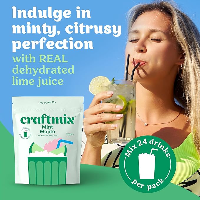 Craftmix Mint Mojito Cocktail & Mocktail Drink Mixer, Skinny Mixes - Water Flavoring Packets - Made With Real Fruit - Vegan Low-Carb, Low-Sugar, Non-GMO, Dairy Free, Gluten Free, 24 Pack
