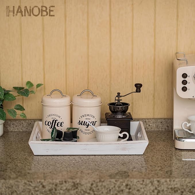 Hanobe Decorative Wooden Serving Tray: Rustic Wood Ottoman Trays for Coffee Table Rectangular Tray with Handles for Living Room Kitchen Home Decor, White