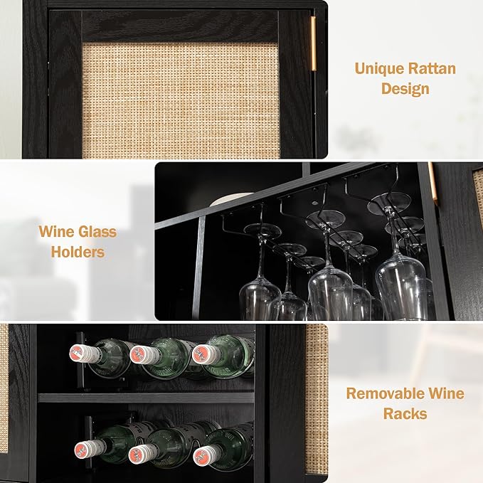 SICOTAS Rattan Coffee Bar Cabinet, 102" Sideboard Buffet Cabinet with Storage, Modern Liquor Wine Cabinet Set of 2 Credenza Console Buffet Table for Home Living Dining Room Entryway, Black