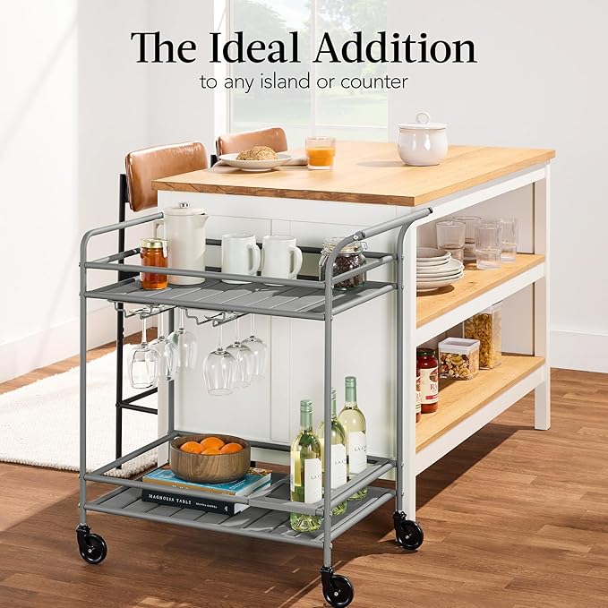 Best Choice Products Rolling Bar Cart, Mobile Home Bar Serving Cart, Serving Station w/ 2 Tier Shelves, Wine Rack, Lockable Wheels - Gray