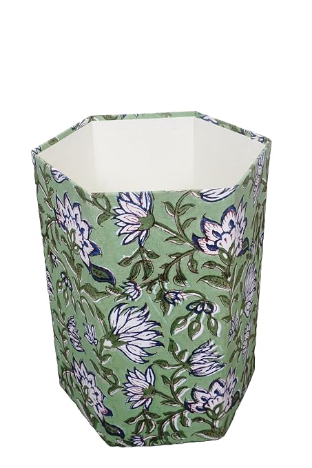 3.3 Gallon Cotton Hand Block Printed Paper Waste Basket |Small Decorative Trash Can for Housewarming Gifts in Living Room, Bedroom, Bathroom | Eco-Friendly, Plastic-Free (1, L Green Blue FLOWAR)